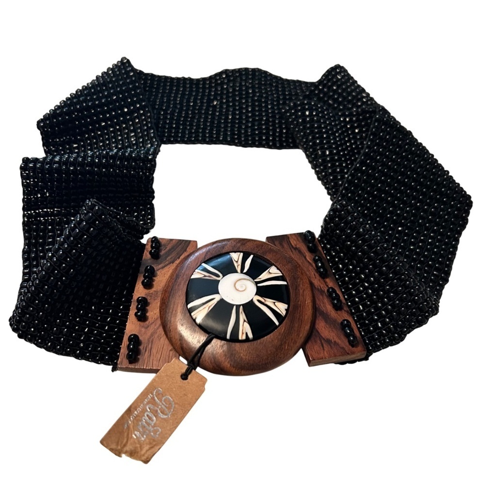 RAIN Beaded Stretch Belt with Wood & Ceramic Closure NWT